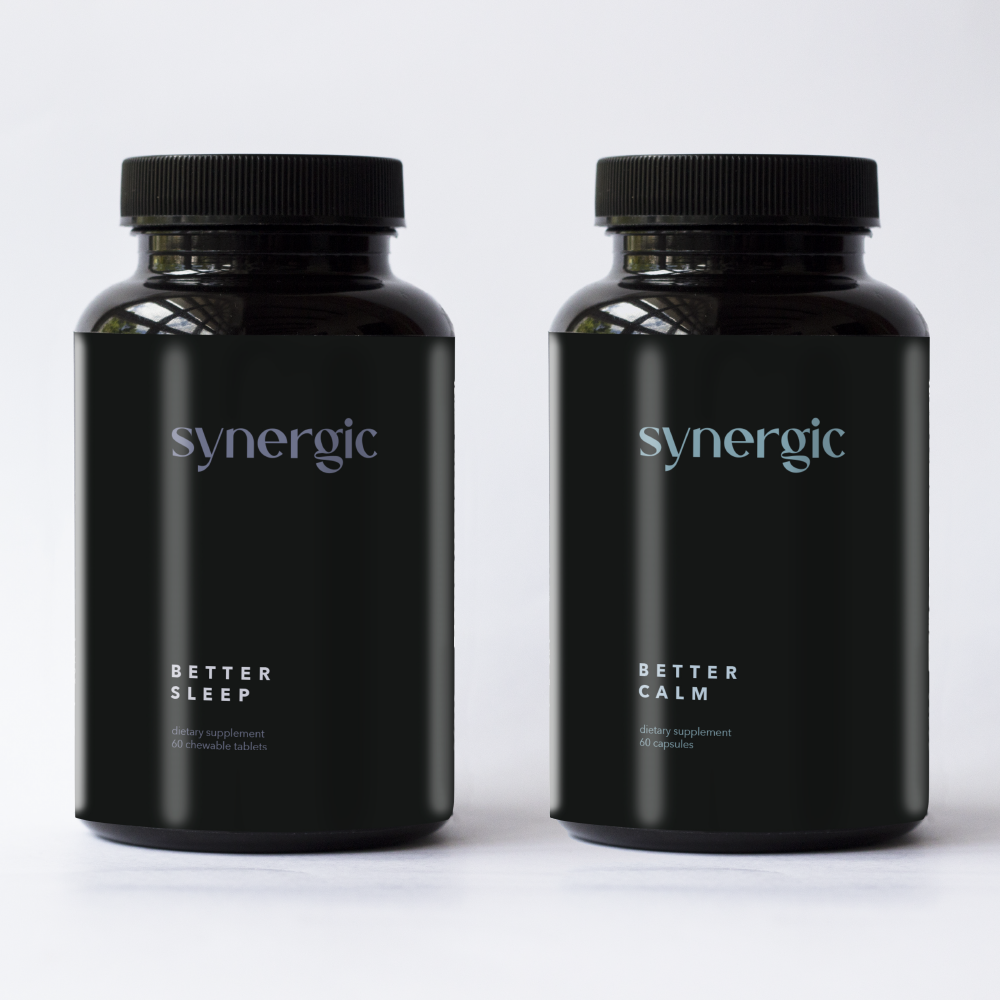 A bottle of Better Sleep and Better Calm by Synergic Supplements. Used together to create a 'down time' feeling. 