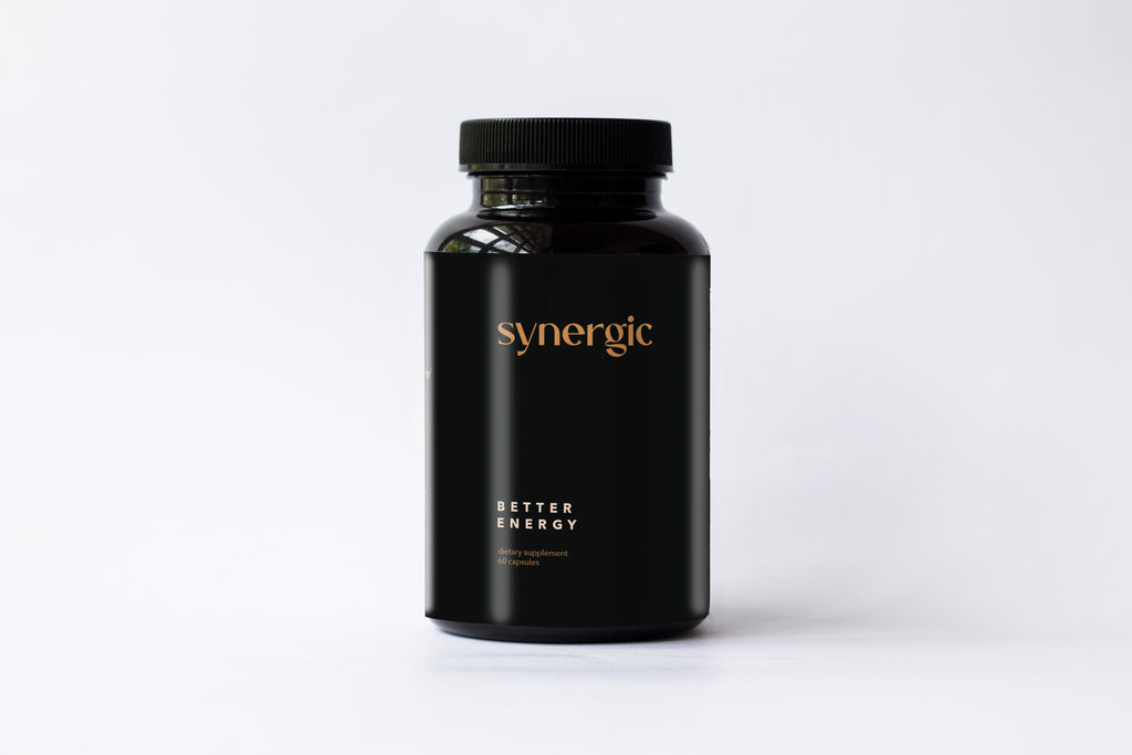 Front of a single bottle of Better Energy by Synergic Supplements. Better Energy is a safe, clean velvet bean-based energy supplement containing vitamins, amino acids, and nootropic compounds that improve alertness, mental and physical energy, mood, and productivity. Dietary supplement with 60 capsules.