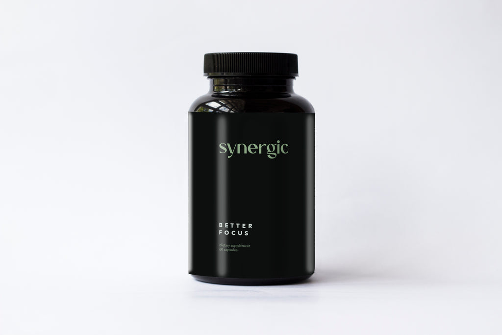 Front of a single bottle of Better Focus by Synergic Supplements. Better Focus takes a unique and effective combination of amino acids, herbal extracts, and nutrients to activate your brain, improve mental quickness, and enhance mental clarity.   Dietary supplement with 60 capsules.