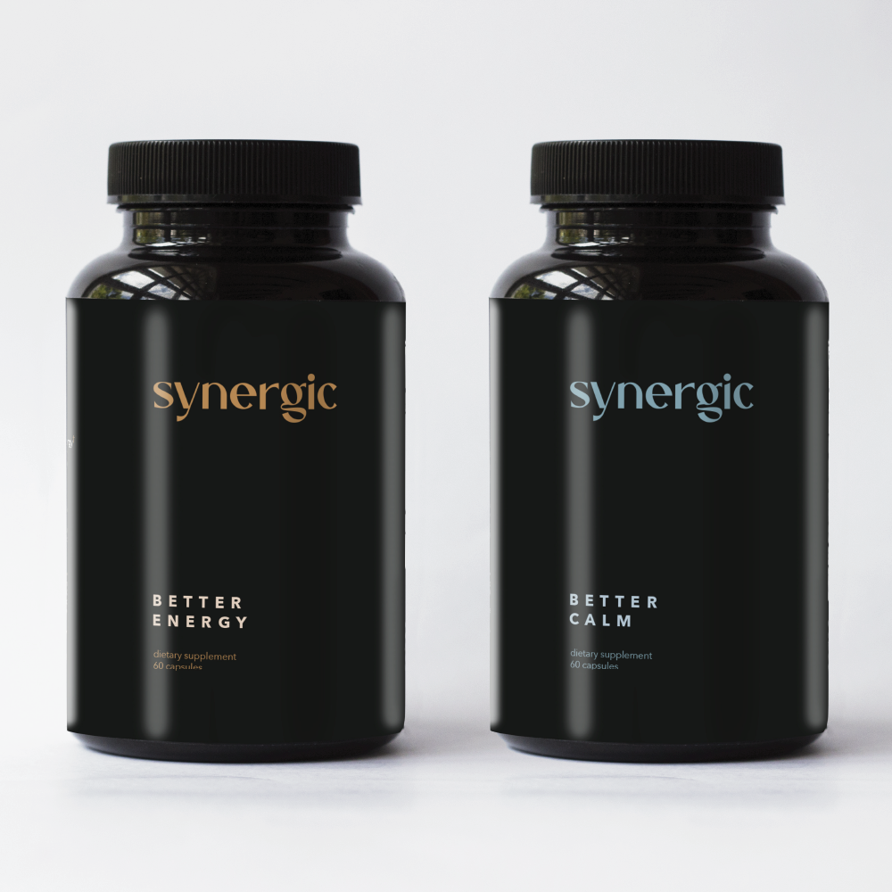 Front of Better Energy and Better Calm bottles by Synergic Supplements. Combined to create a 'go time' feeling