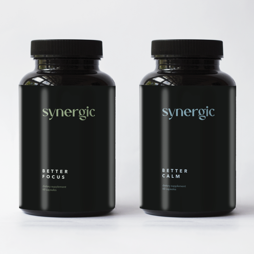 Bottle of Better Focus and Better Calm by Synergic Supplements to create  a feeling of 'hone time'