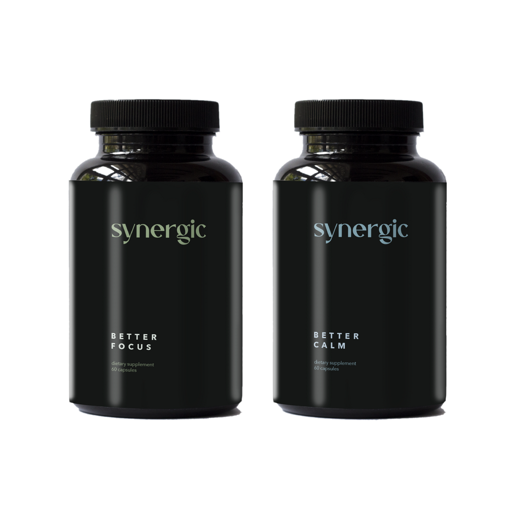 Front of a bottle of Better Calm and Better Focus by. Synergic Supplements
