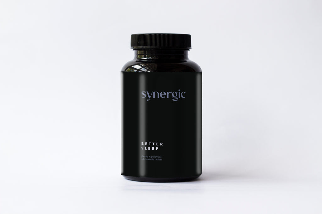 Front of a single bottle of Better Sleep by Synergic Supplements. Better Sleep combines key nutrients and neurochemicals that let your body know it’s time to sleep, help you stay asleep, and promote brain and body relaxation.   Dietary supplement with 60 capsules.